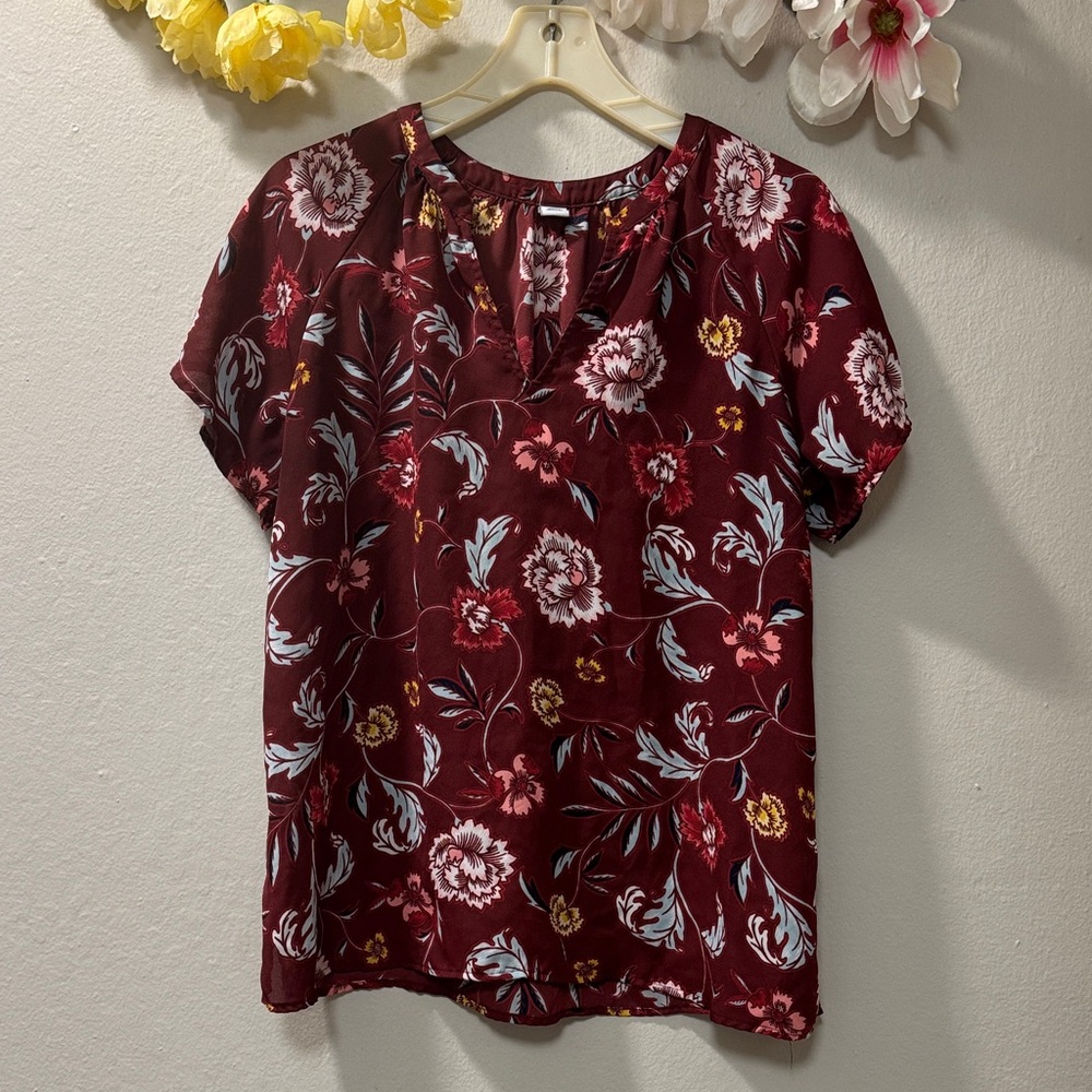 Old Navy Burgundy Floral Split-Neck Blouse